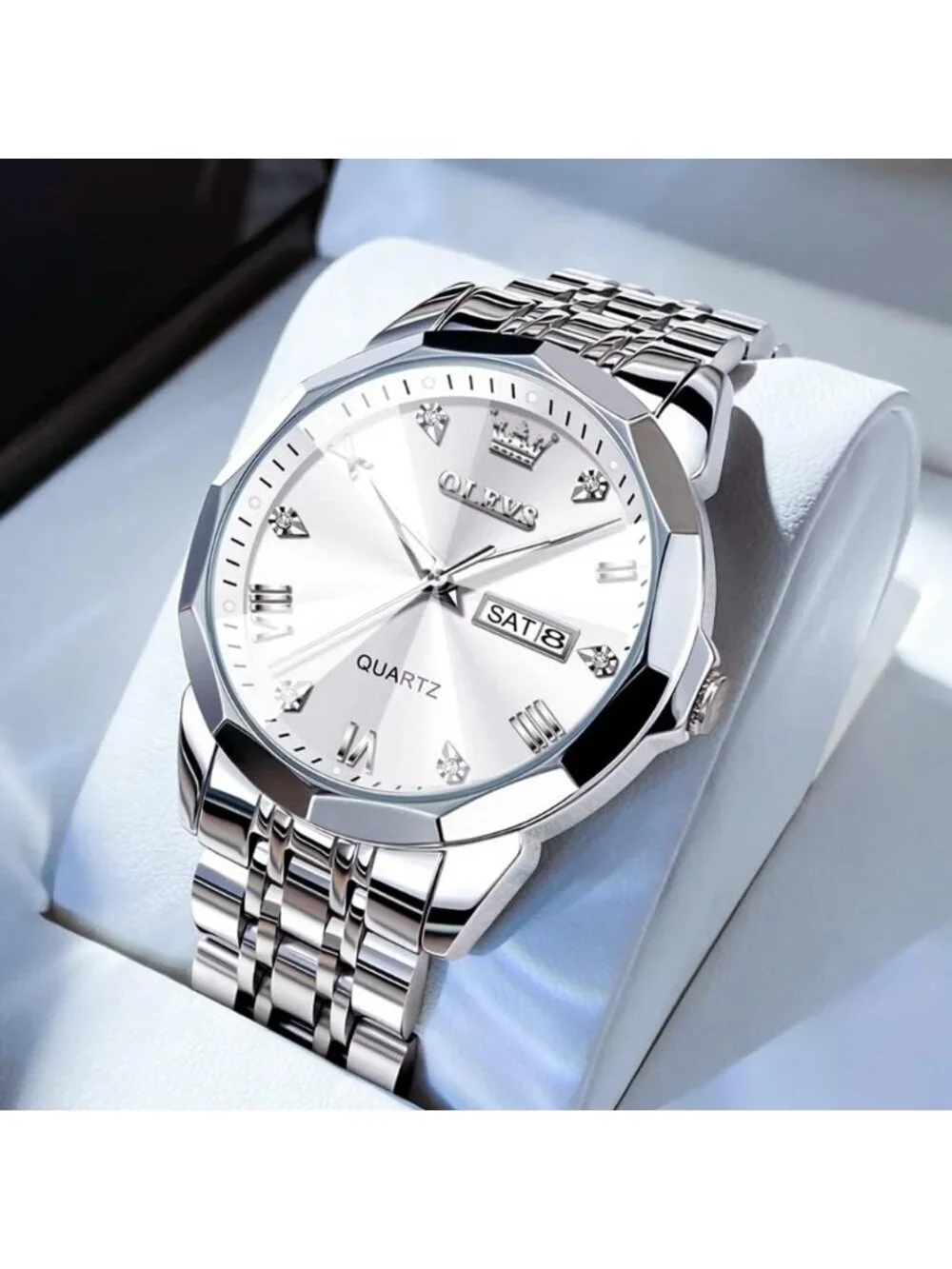 Men's Silver Diamond Stainless Steel Band Waterproof Roman Numbers Classic Watch